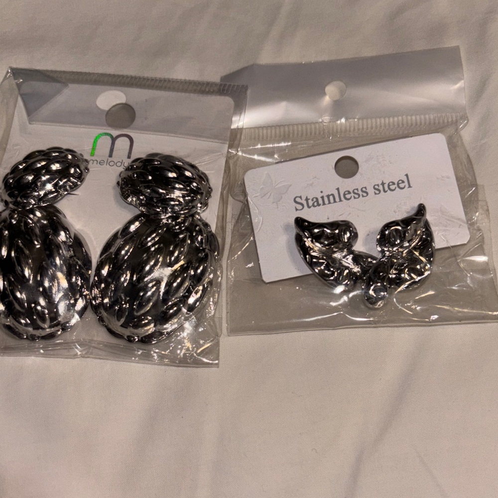 2 Silver-Tone Statement Earrings Stainless Steel textured drops 2” & 1”